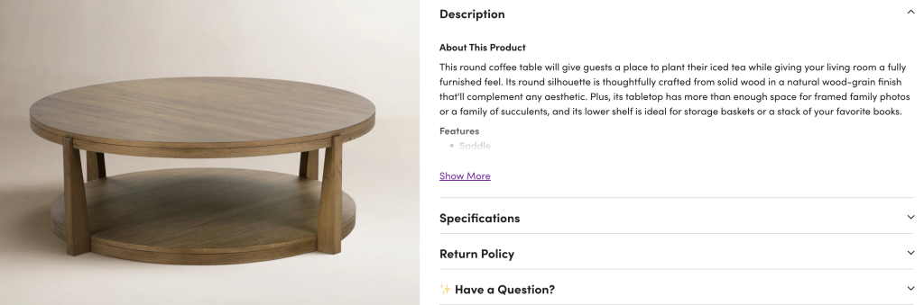 Product description of a coffee table on a ecommerce furniture website